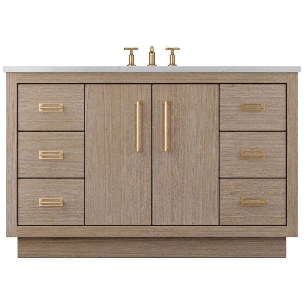 Bathroom vanity with wooden finish and gold fixtures on a white background