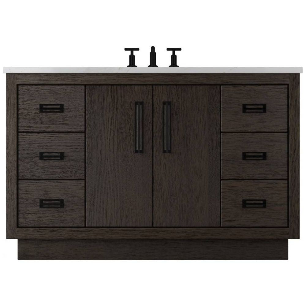 Bathroom vanity with dark wood finish, white countertop, and black fixtures on a white background