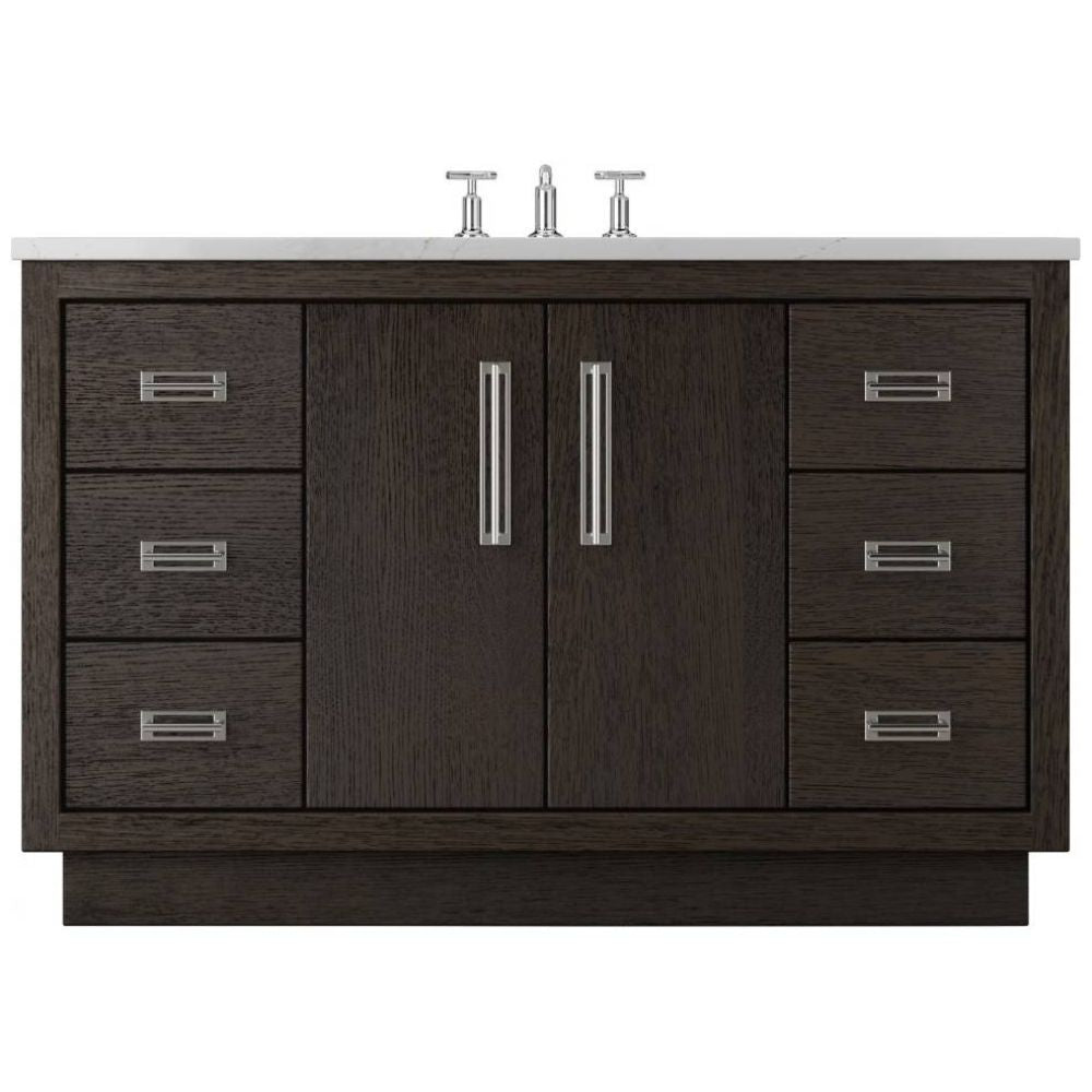Bathroom vanity with dark wood finish, white countertop, and silver fixtures on a white background