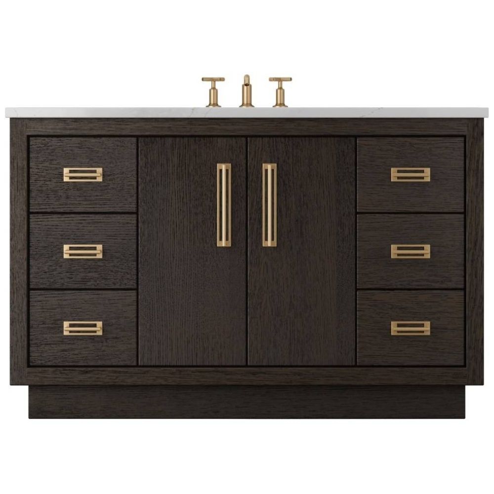 Bathroom vanity with dark wood finish, gold handles, and white countertop on a white background