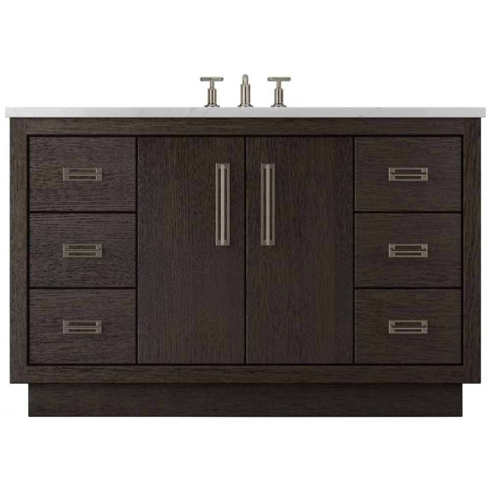 Bathroom vanity with dark wood finish, white countertop, and silver fixtures on a white background