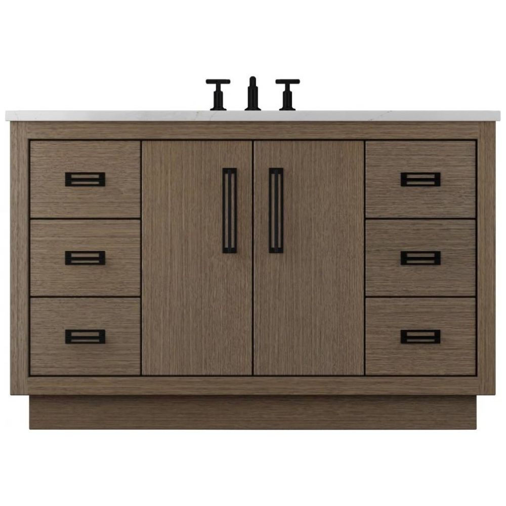 Bathroom vanity with wooden finish, white countertop, and black fixtures on a white background