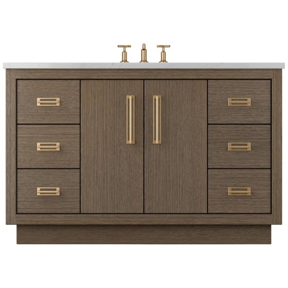 Wooden bathroom vanity with gold fixtures on a white background