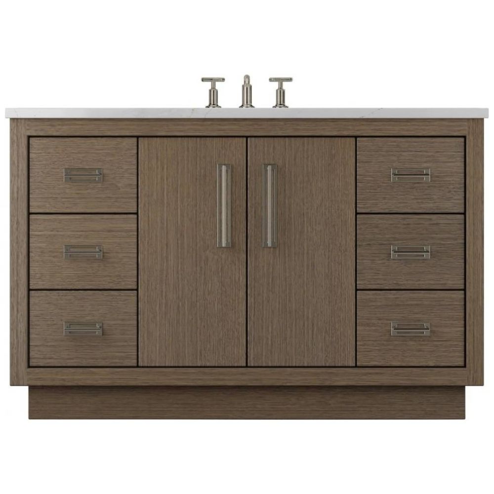 Wooden bathroom vanity with white countertop and silver fixtures on a white background