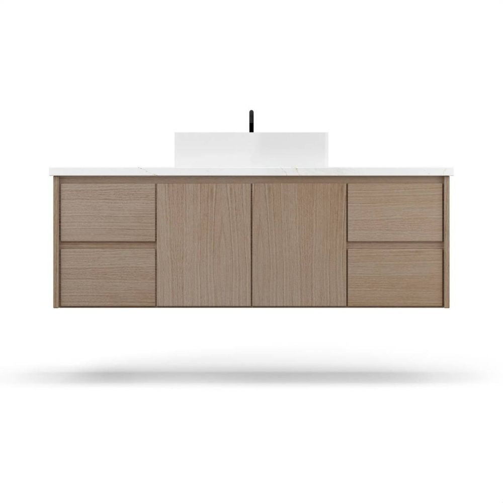 Wooden bathroom vanity with white countertop on a white background