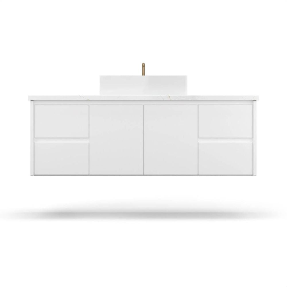 White kitchen island with a white countertop on a white background
