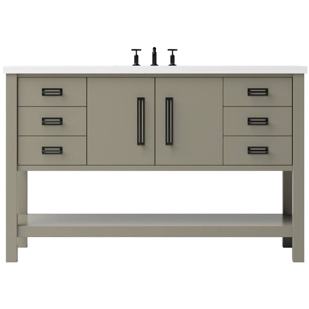 Bathroom vanity with white countertop, gray cabinets, and black fixtures on a white background