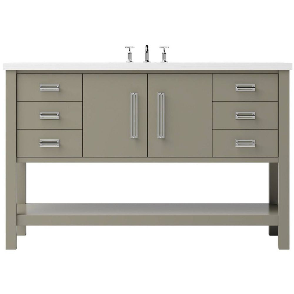 Bathroom vanity with gray cabinets, white countertop, and silver fixtures on a white background