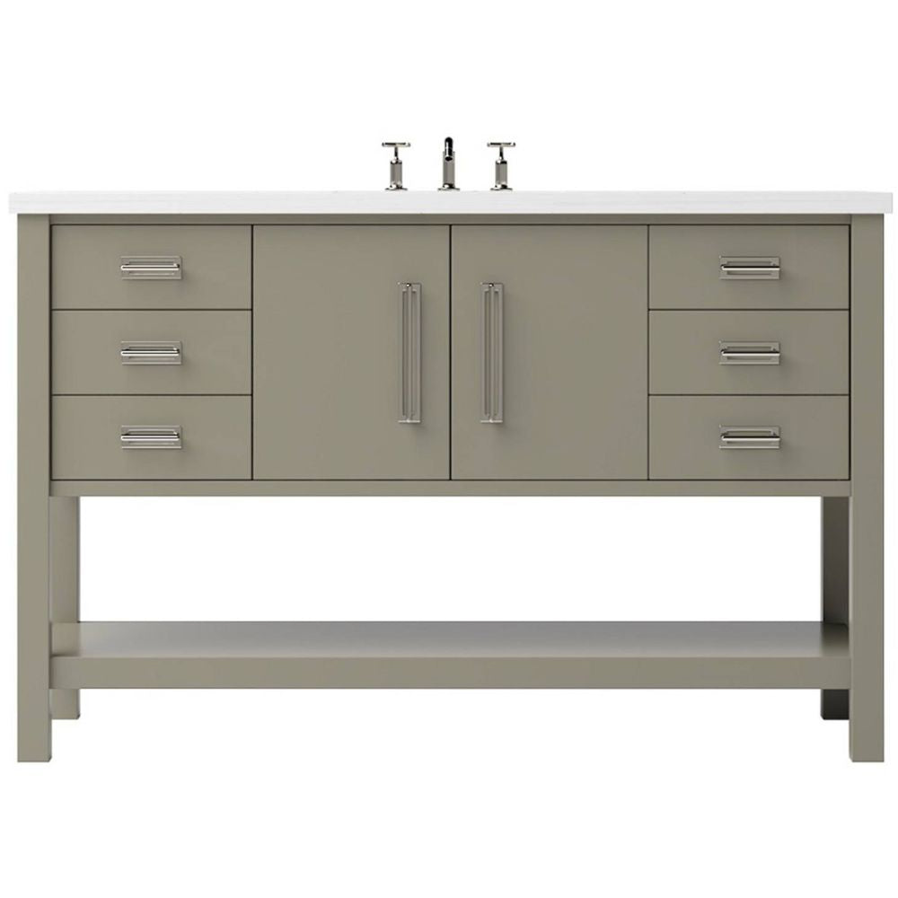 Bathroom vanity with gray cabinets, white countertop, and silver fixtures on a white background