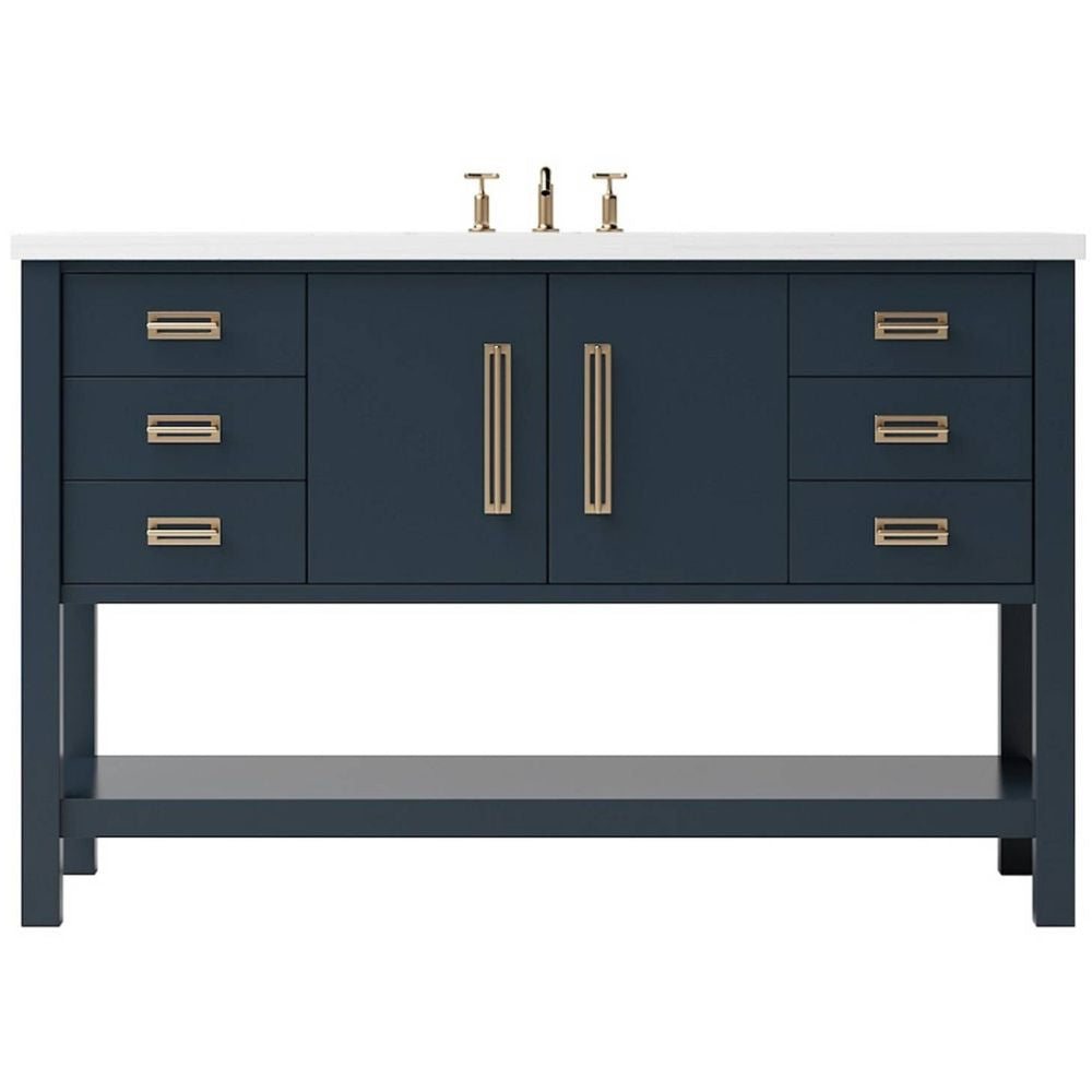 Bathroom vanity with blue cabinets, white countertop, and gold fixtures on a white background