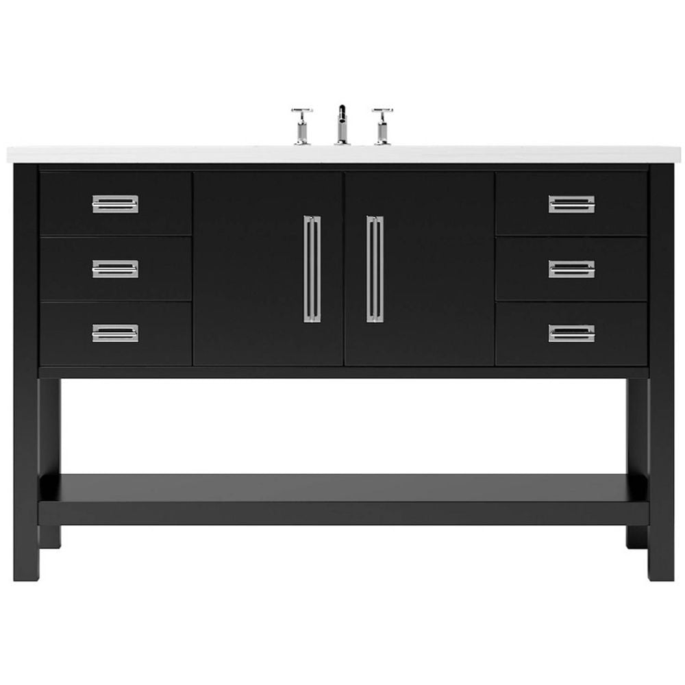 Black bathroom vanity with silver handles on a white background