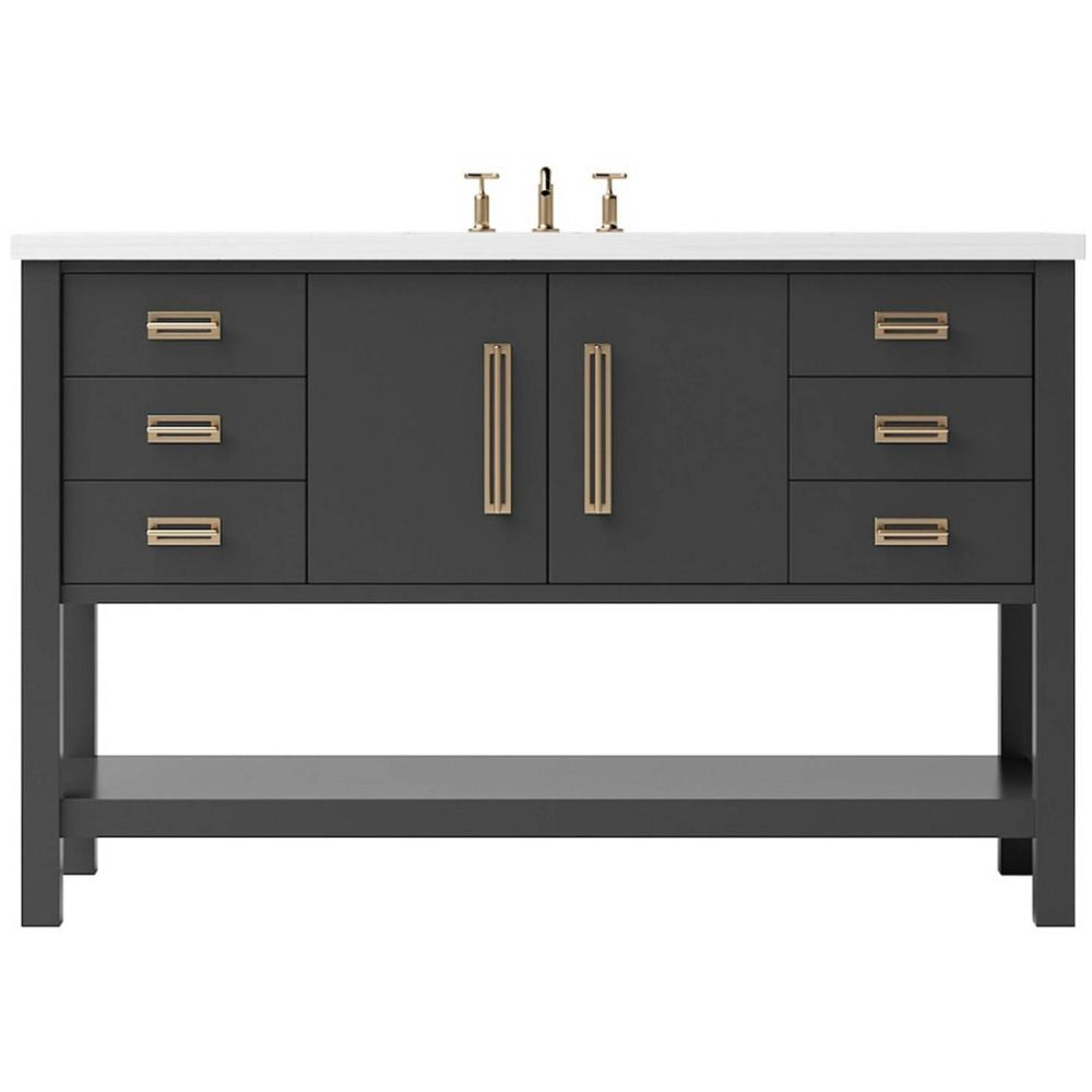 Bathroom vanity with dark gray cabinets, white countertop, and gold fixtures on a white background