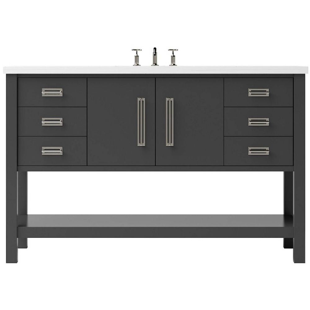 Bathroom vanity with dark gray cabinets and white countertop on a white background