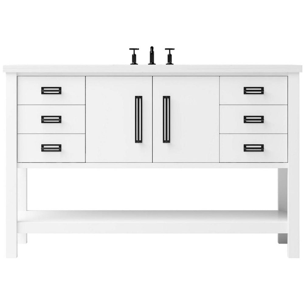 White bathroom vanity with black fixtures on a white background