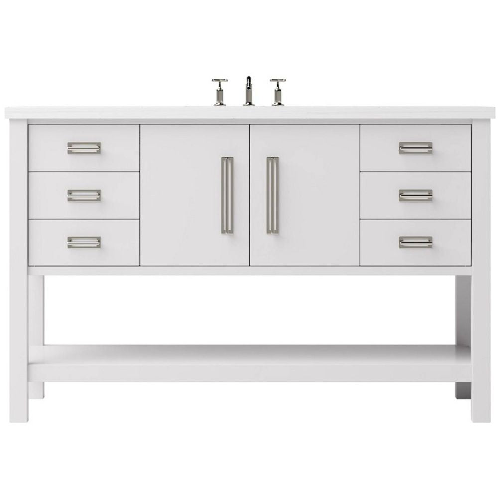 White bathroom vanity with gold fixtures on a white background