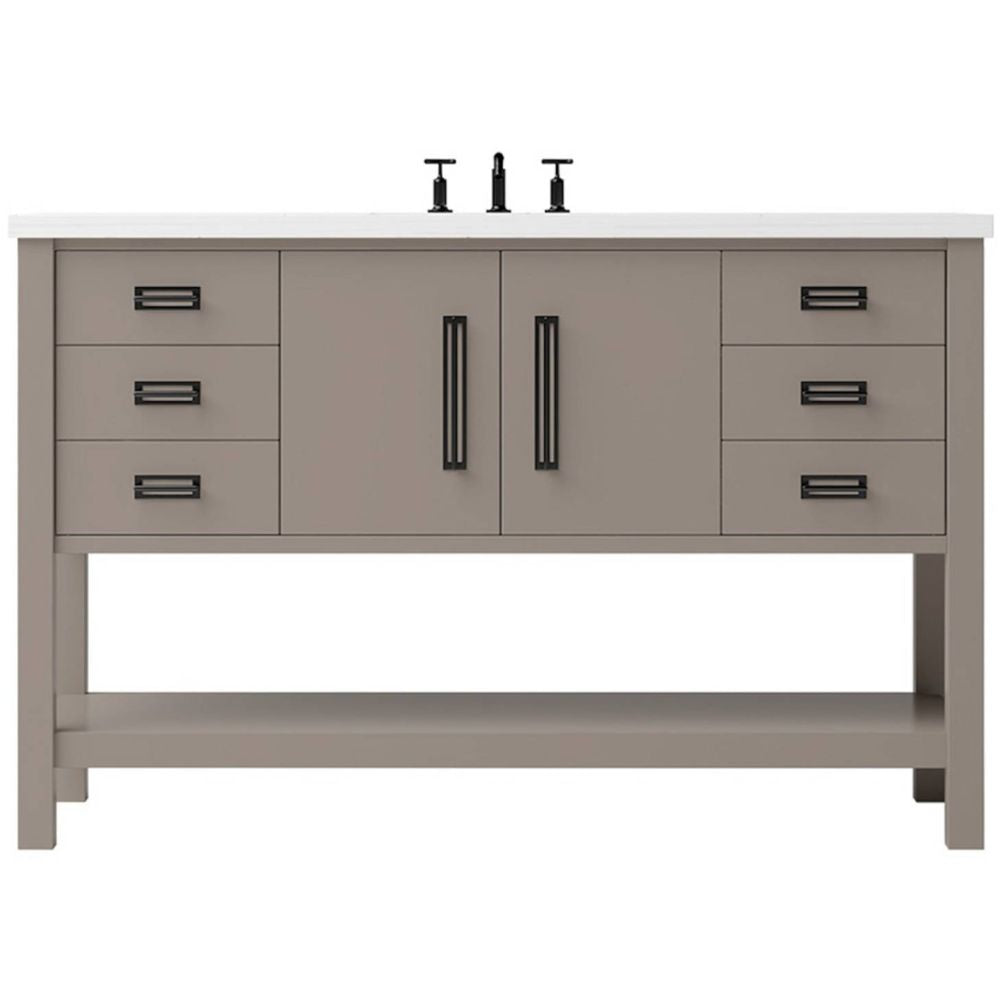 Bathroom vanity with gray cabinets, white countertop, and black fixtures on a white background