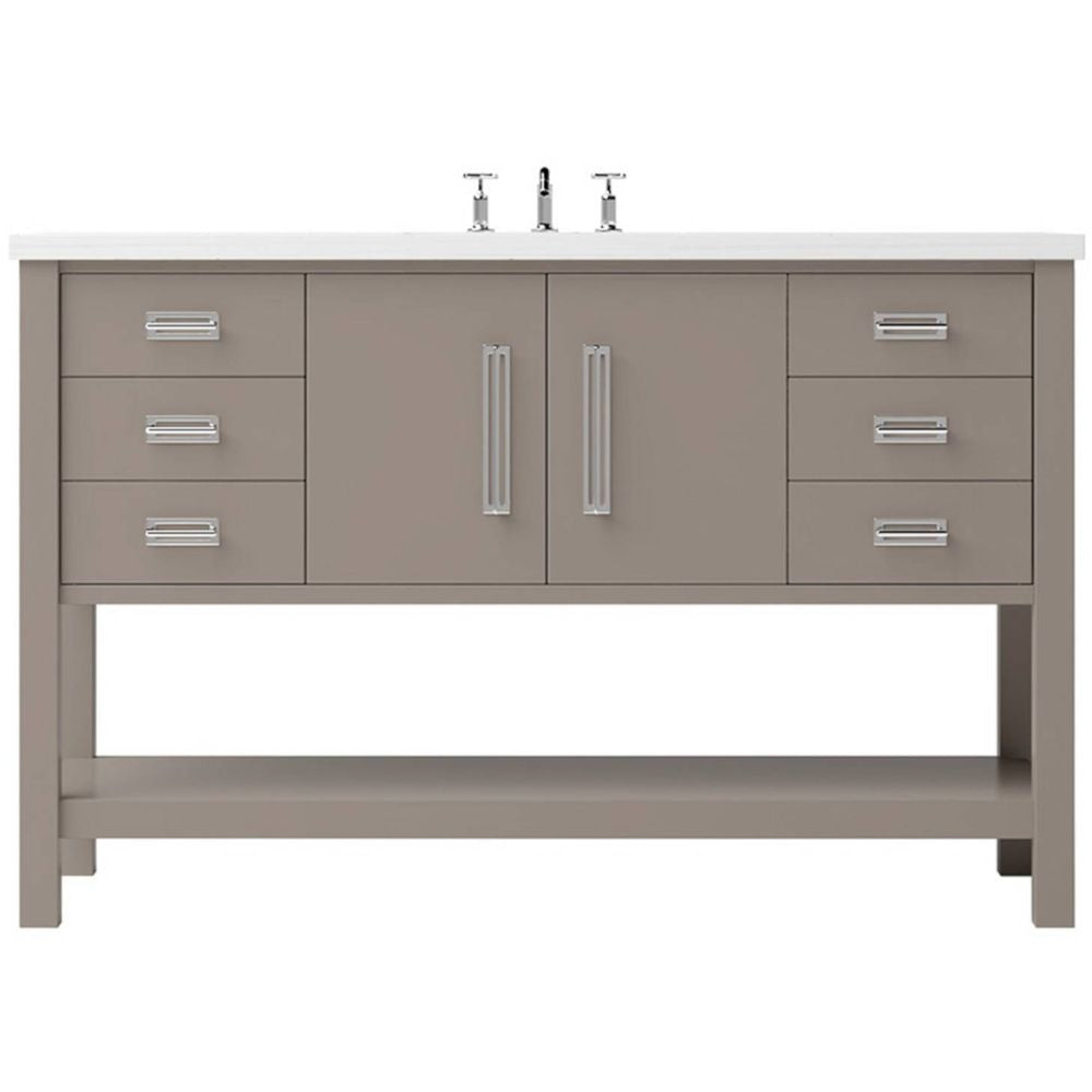 Bathroom vanity with gray cabinets, white countertop, and silver fixtures on a white background