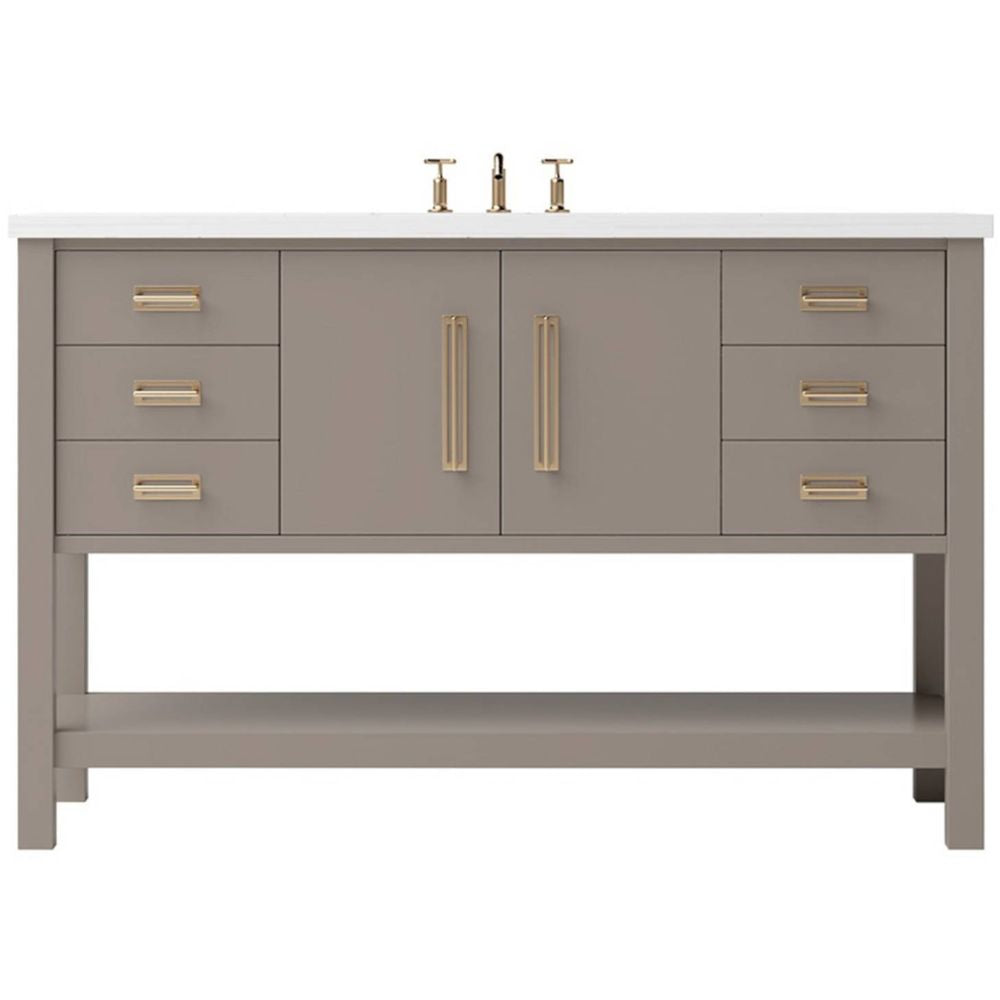 Bathroom vanity with gray cabinets, white countertop, and gold fixtures on a white background