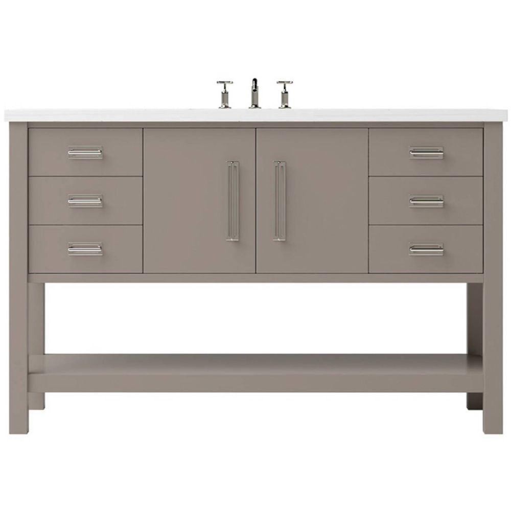 Bathroom vanity with gray cabinets and white countertop on a white background
