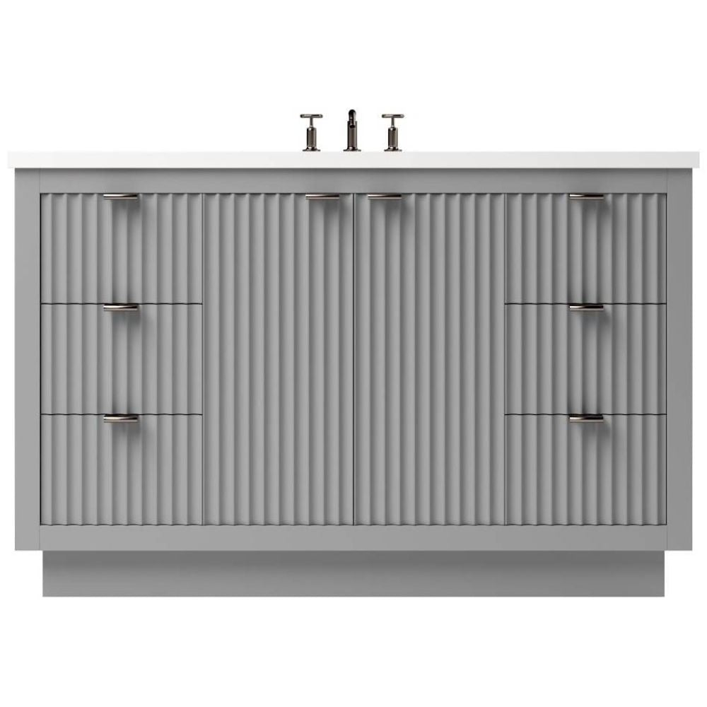 Gray bathroom vanity with two sinks on a white background