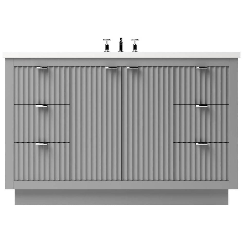 Gray bathroom vanity with textured design and silver fixtures on a white background