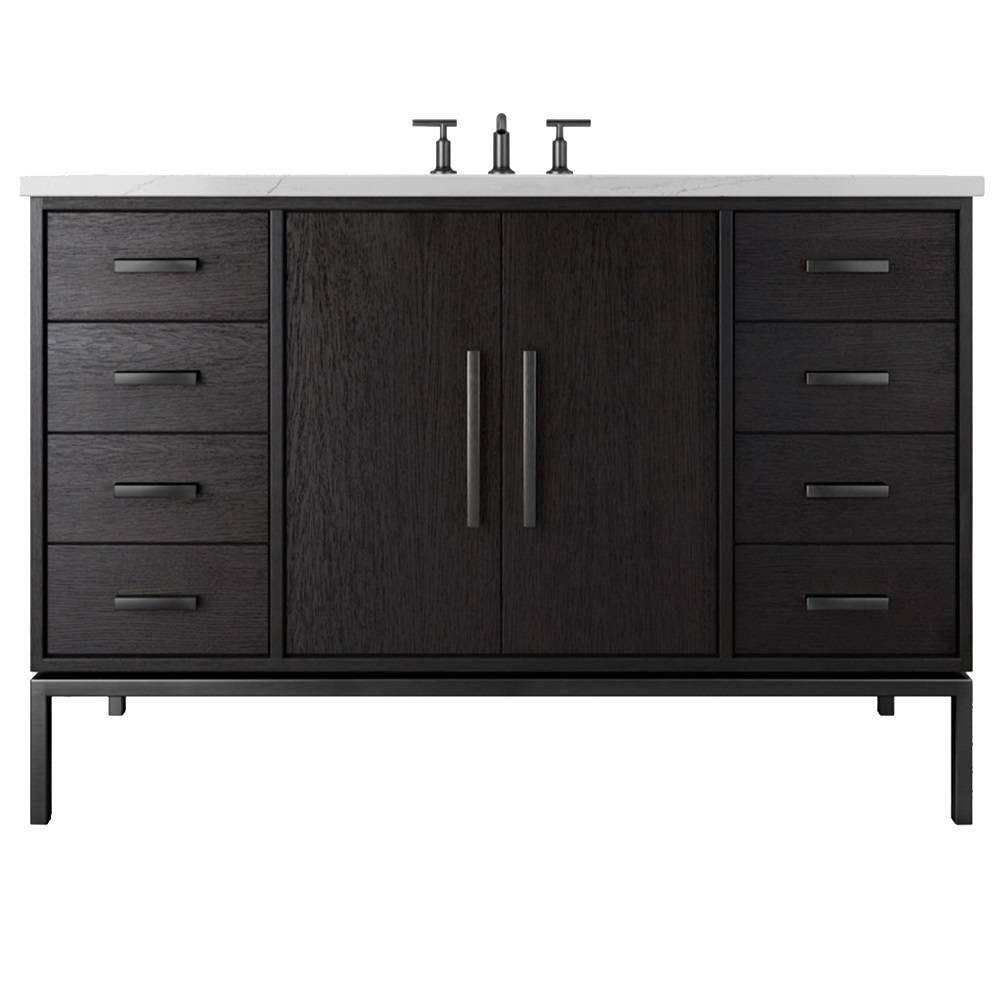 Black bathroom vanity with white countertop and faucet on a white background