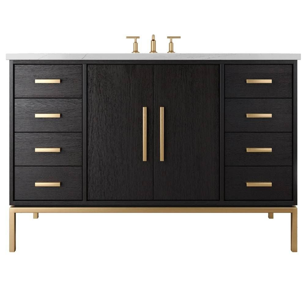 Black bathroom vanity with gold fixtures on a white background