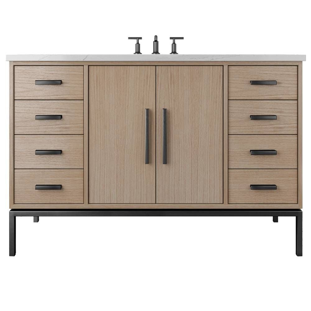Bathroom vanity with wooden finish and black fixtures on a white background