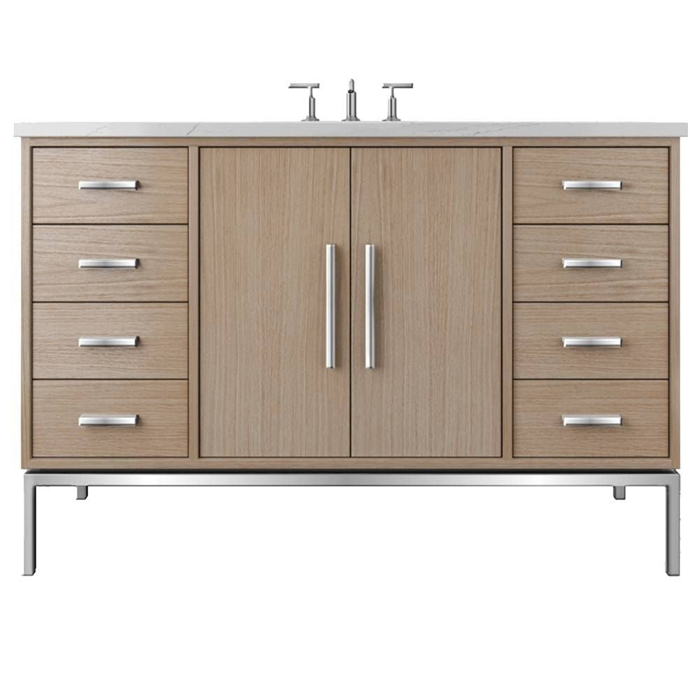 Bathroom vanity with wooden finish, multiple drawers, and two doors with handles on a white background.