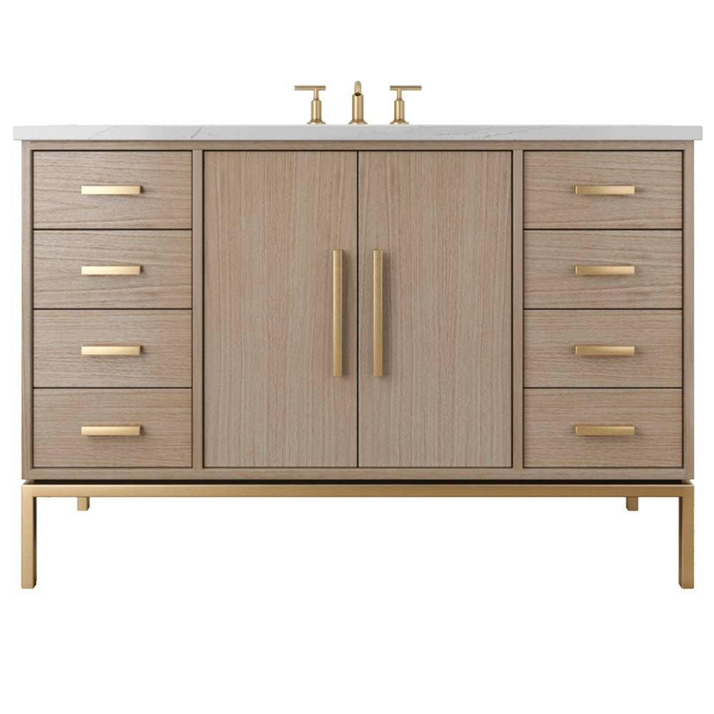 Bathroom vanity with wooden finish, gold handles, and white countertop on a white background