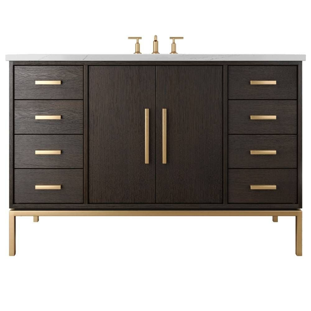 Bathroom vanity with dark wood finish, gold handles, and white countertop on a white background