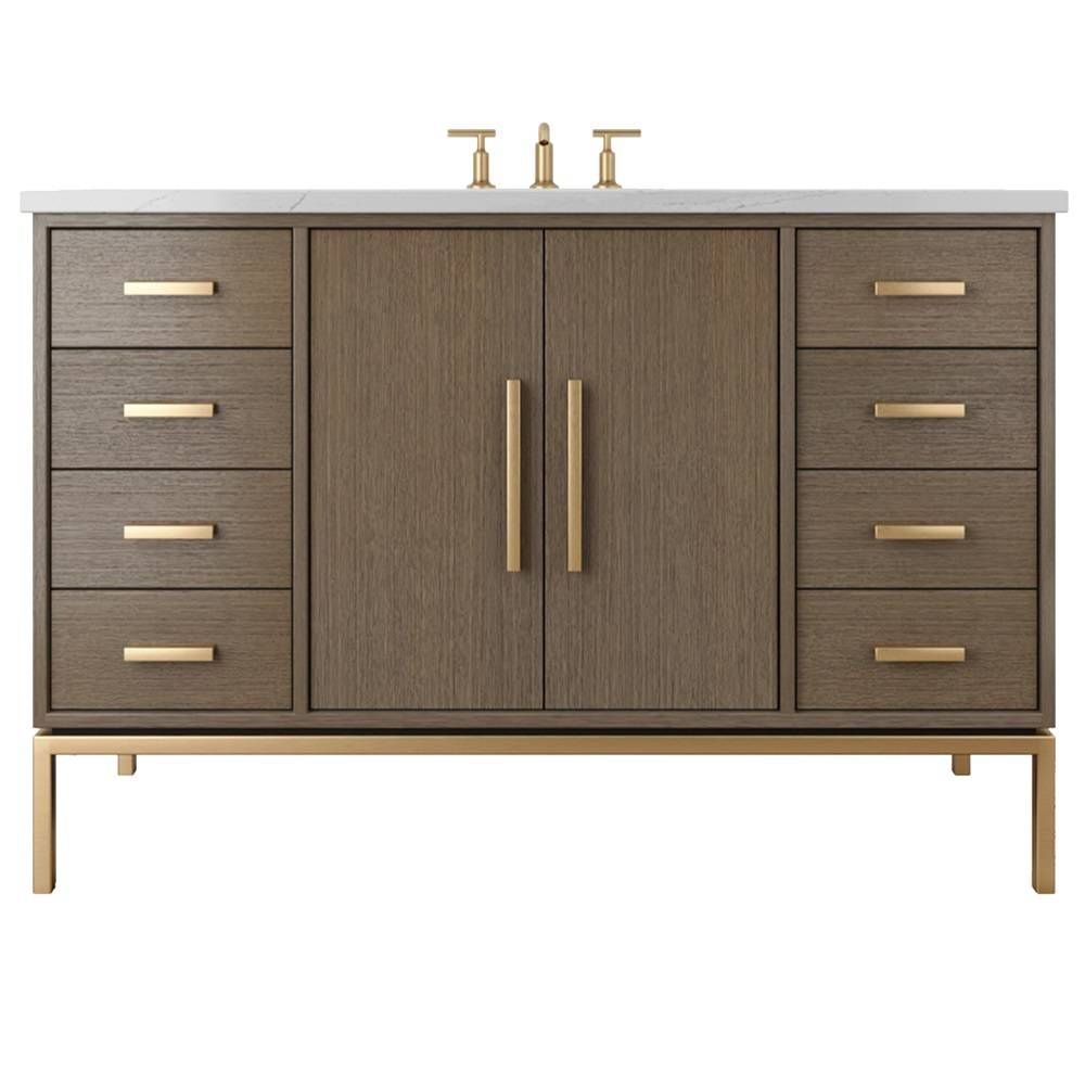 Bathroom vanity with wooden finish, gold fixtures, and white countertop on a white background