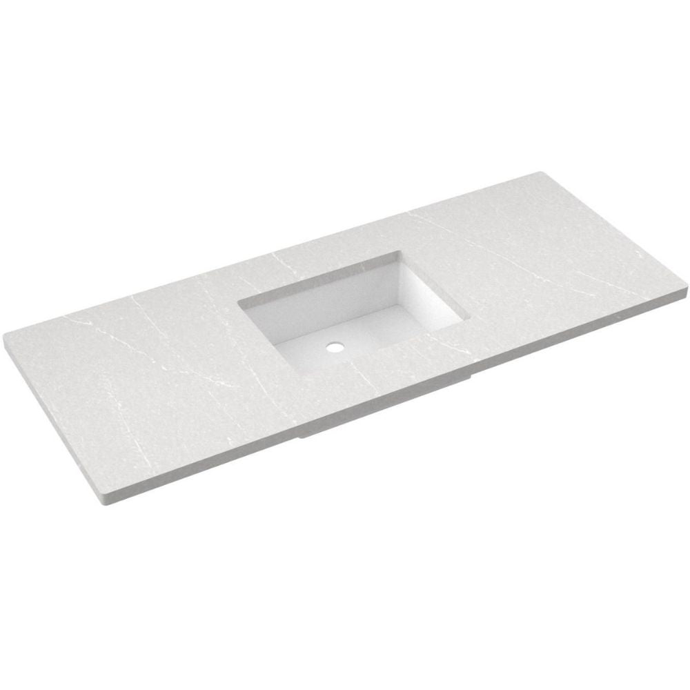 White bathroom vanity with integrated sink on a white background