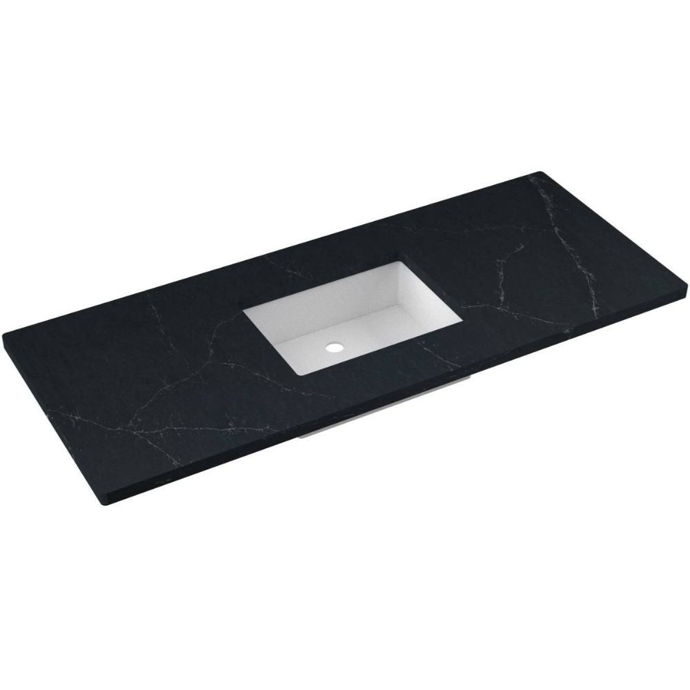 Black marble countertop with a white sink basin on a white background
