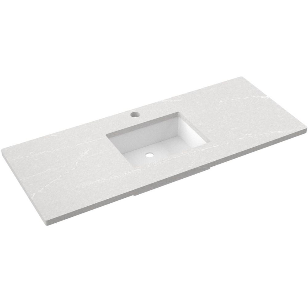 White bathroom vanity with integrated sink on a white background