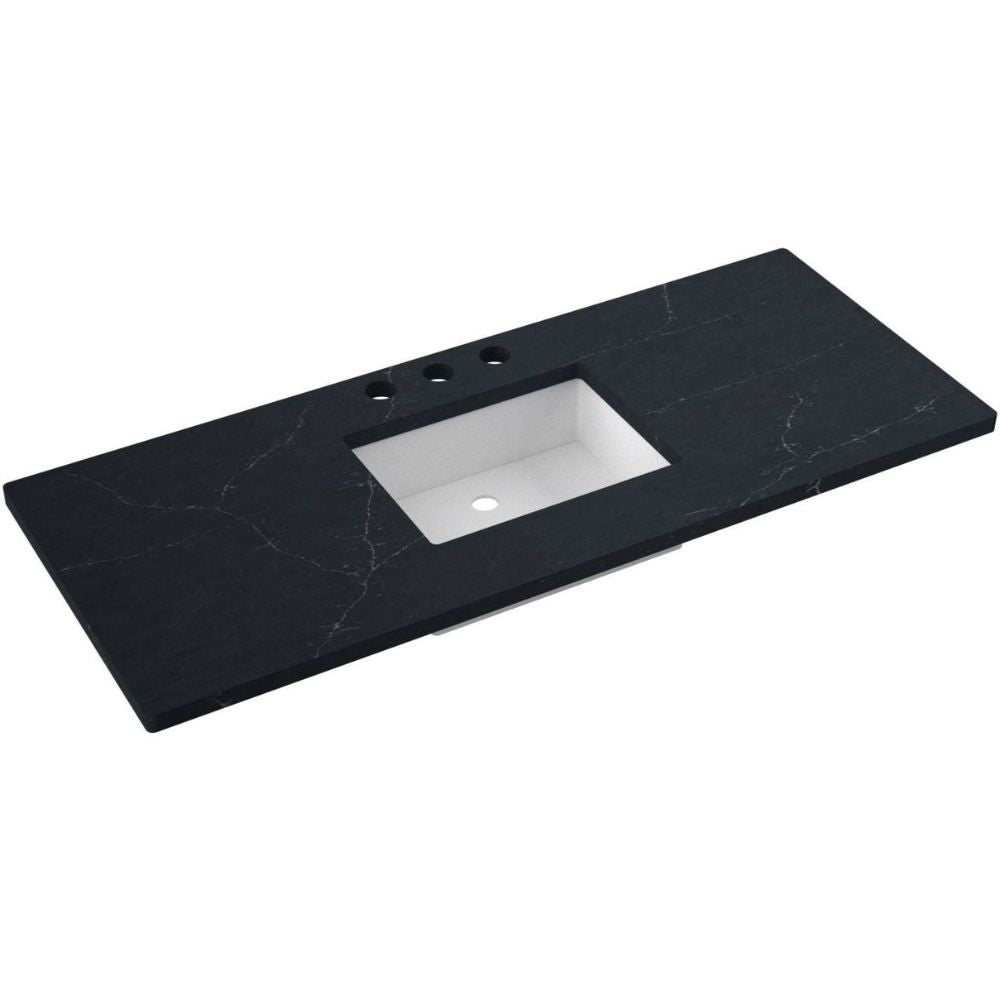 Black marble countertop with a white sink basin on a white background