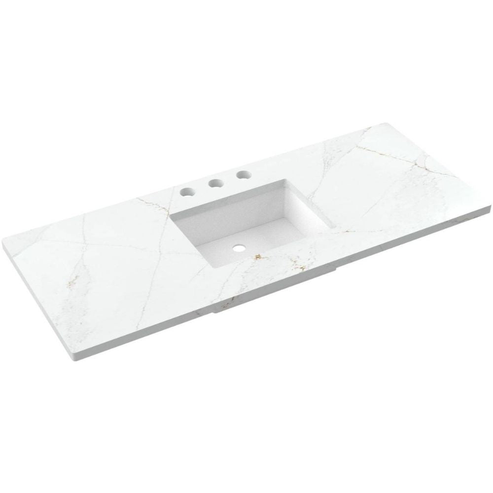 White bathroom vanity top with sink basin on a white background