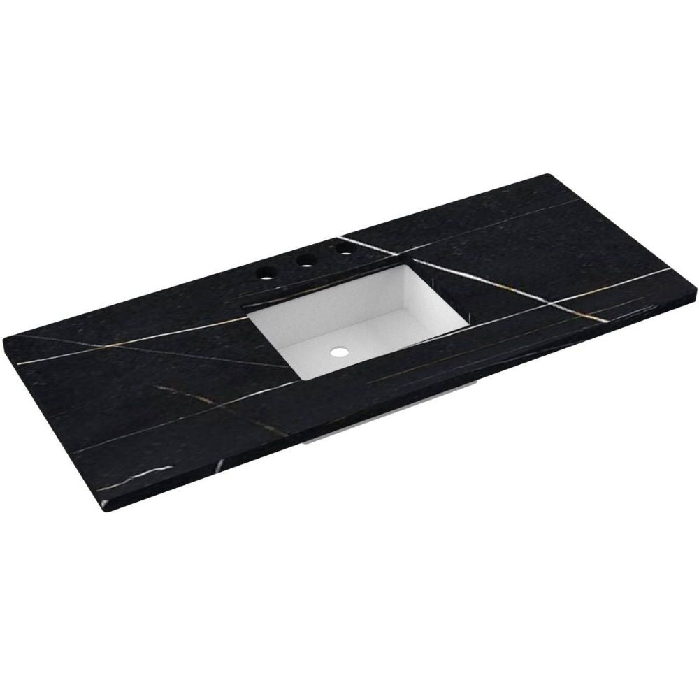 Black marble countertop with a white sink basin on a white background