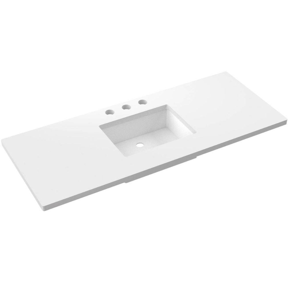 White bathroom vanity with sink on a white background