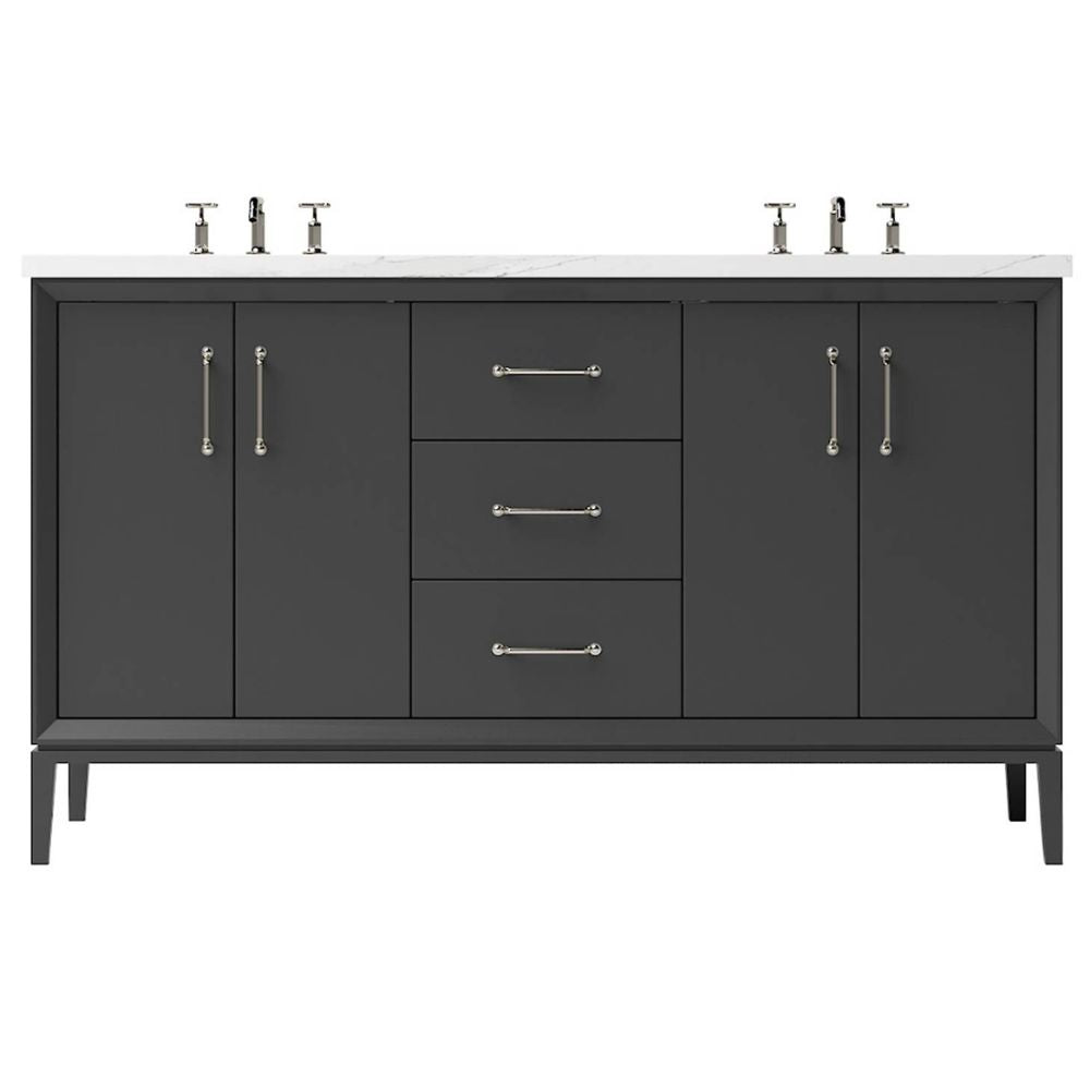 Bathroom vanity with dark gray finish, white countertop, and silver fixtures on a white background