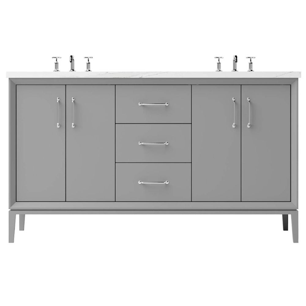 Gray bathroom vanity with white countertop and silver fixtures on a white background
