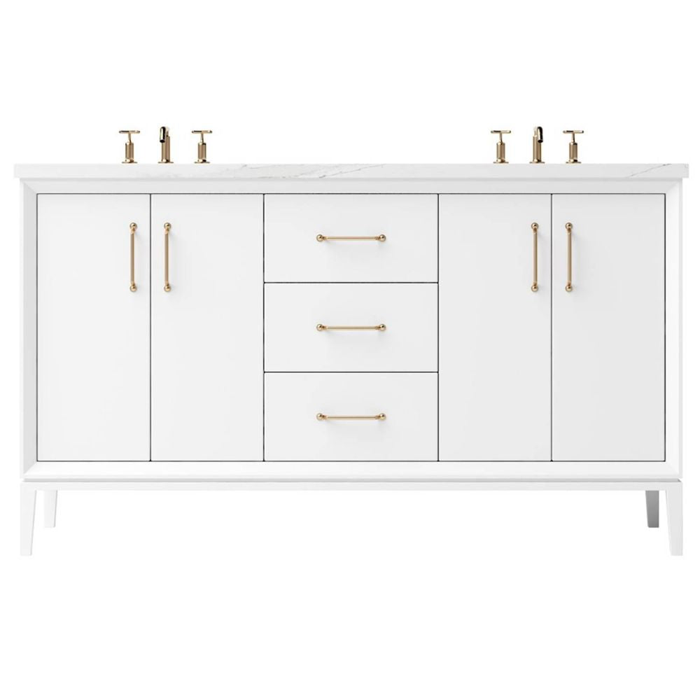 White bathroom vanity with marble countertop and gold fixtures on a white background
