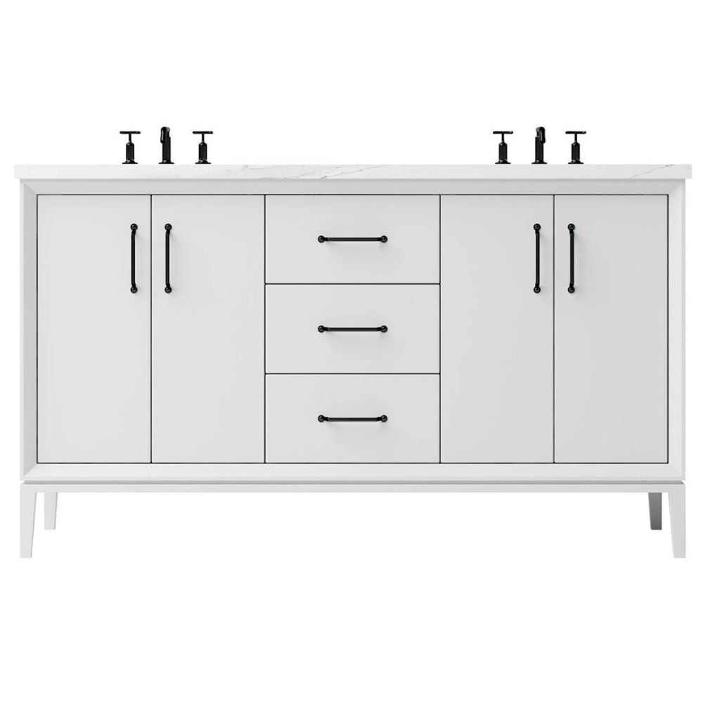 White bathroom vanity with black fixtures on a white background