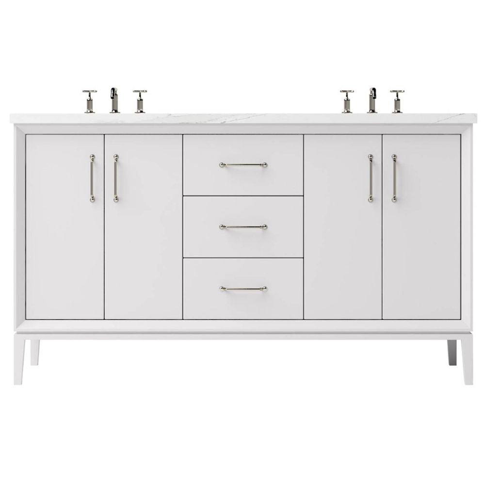White bathroom vanity with sink and faucet on a white background