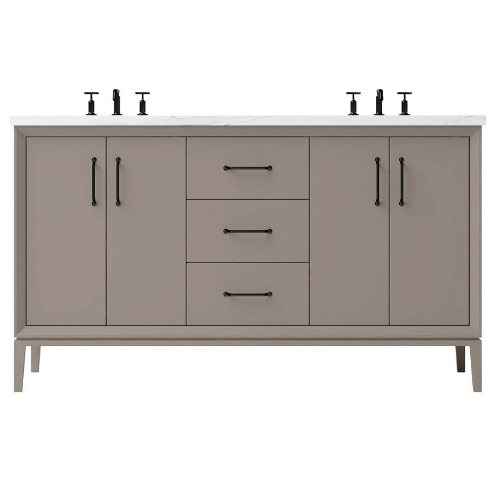 Bathroom vanity with gray cabinets, white countertop, and black fixtures on a white background