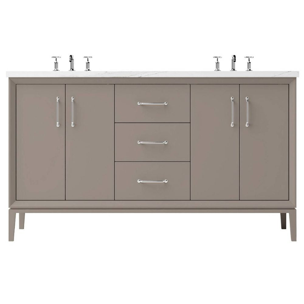 Gray bathroom vanity with white countertop and silver fixtures on a white background
