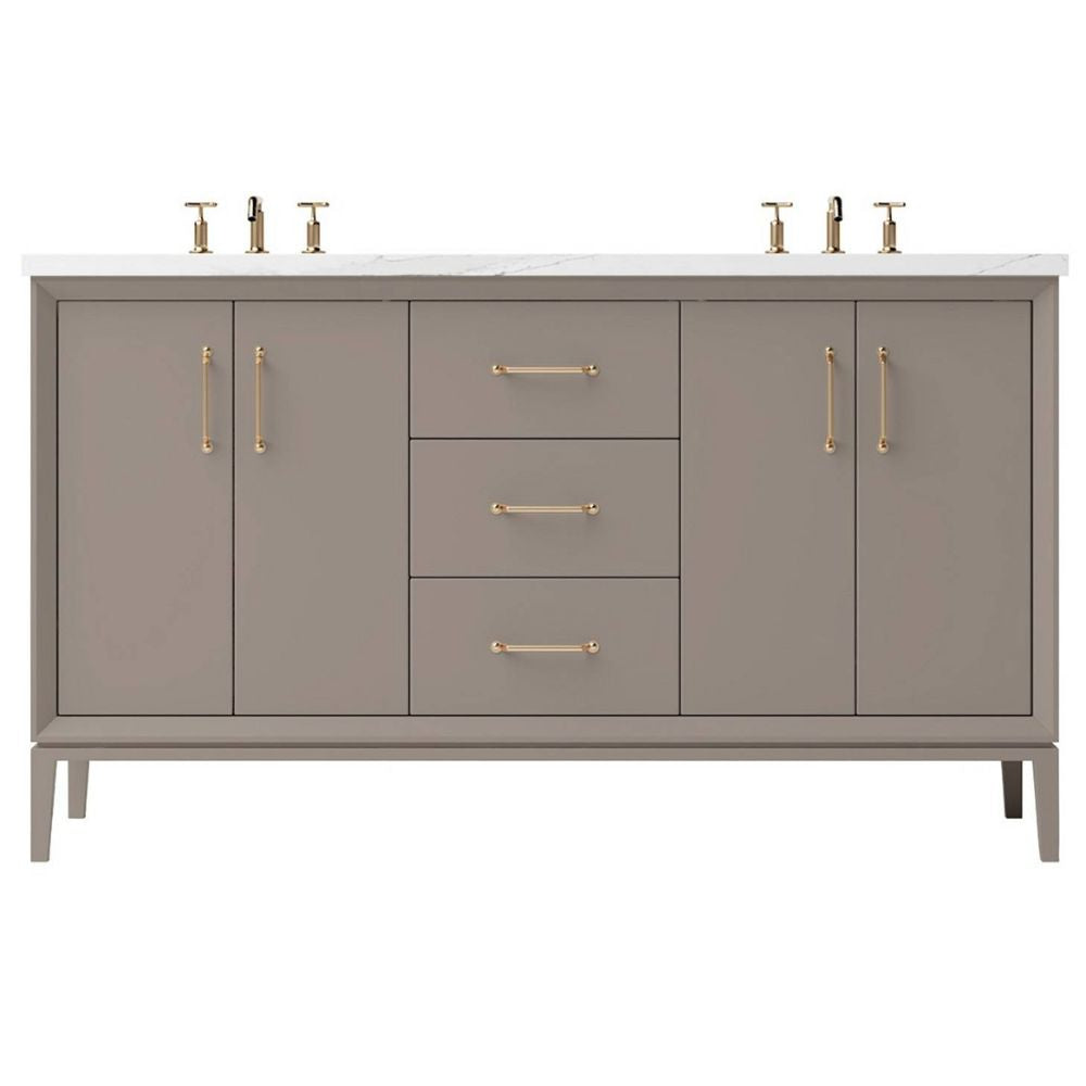 Gray bathroom vanity with gold fixtures on a white background