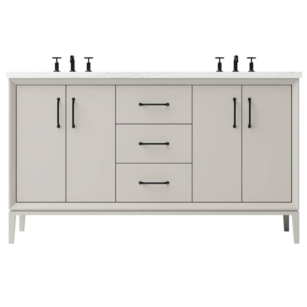Bathroom vanity with white countertop, black fixtures, and multiple cabinets and drawers on a white background.