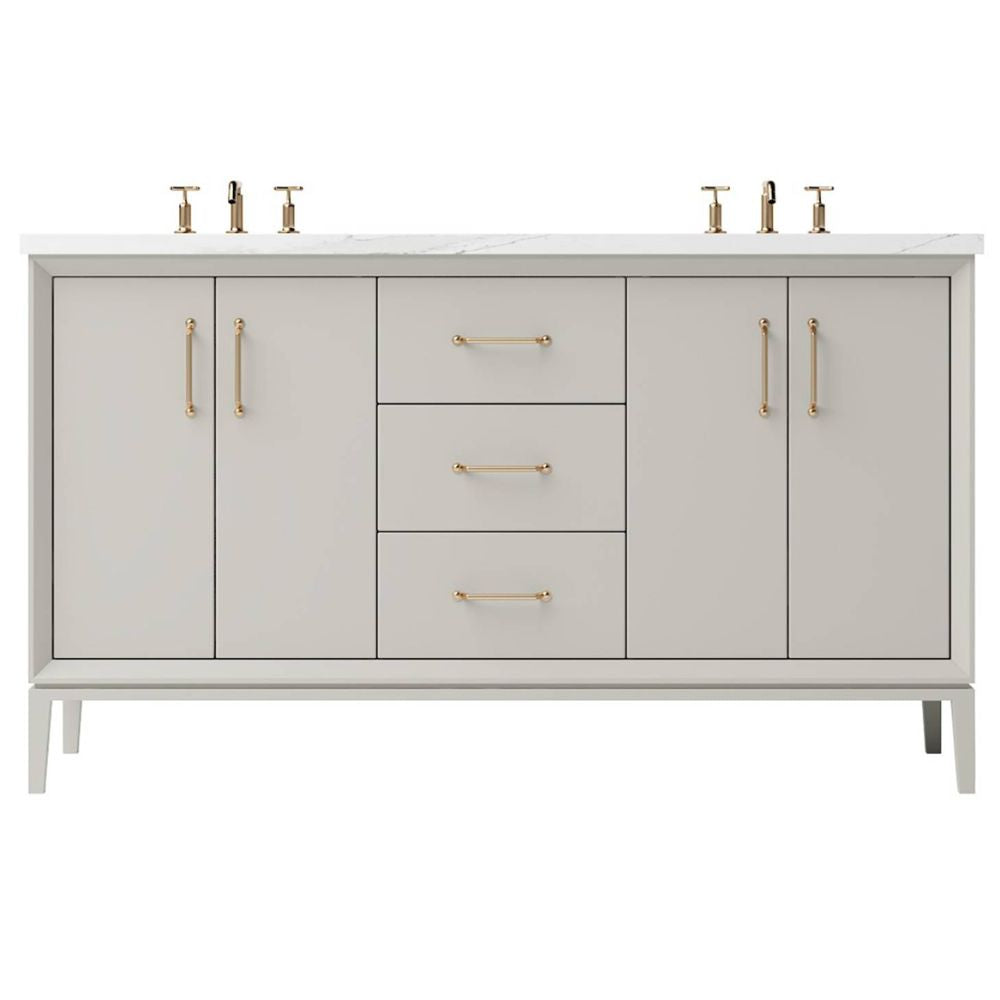 Bathroom vanity with gold fixtures on a white background