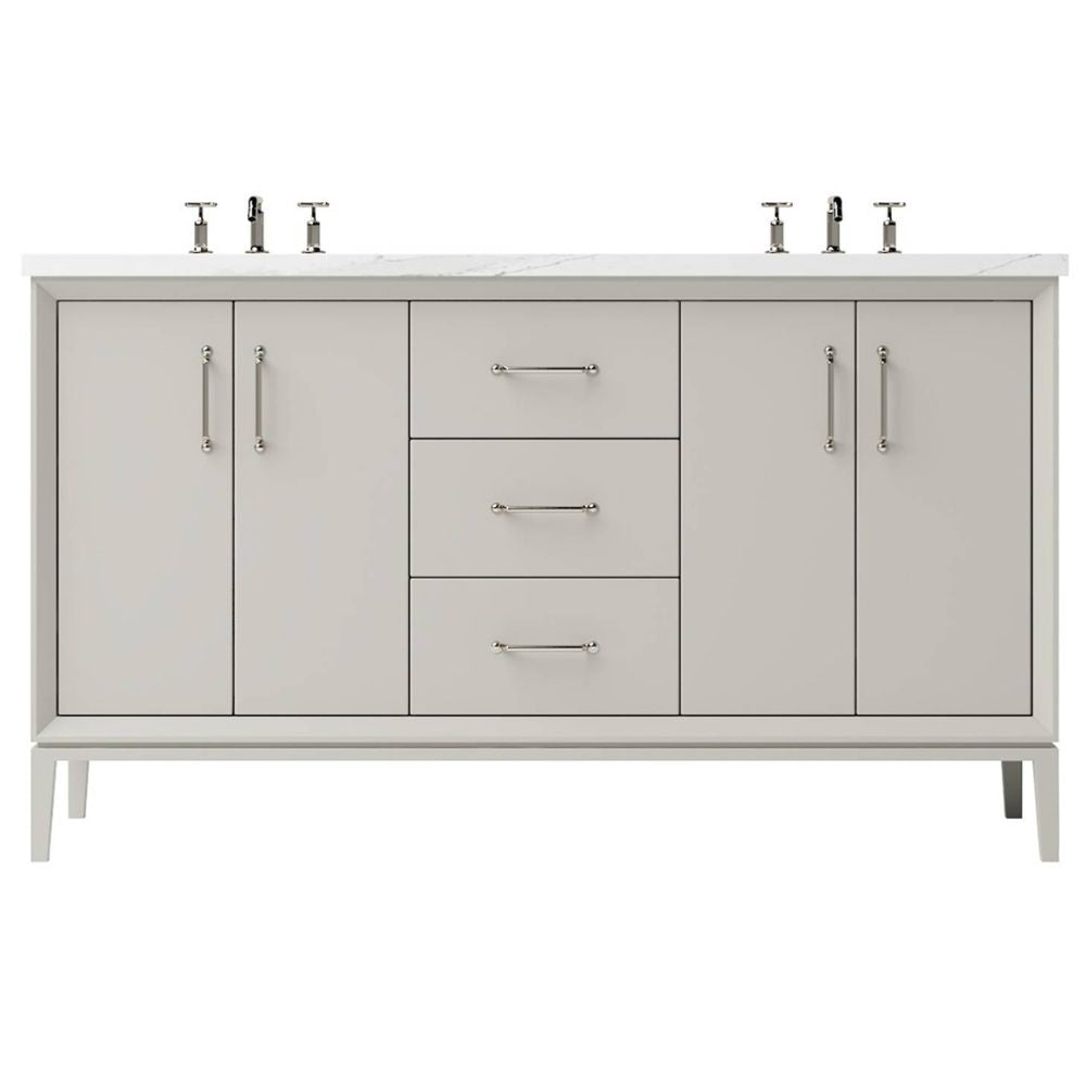 Gray bathroom vanity with sink and faucet on a white background